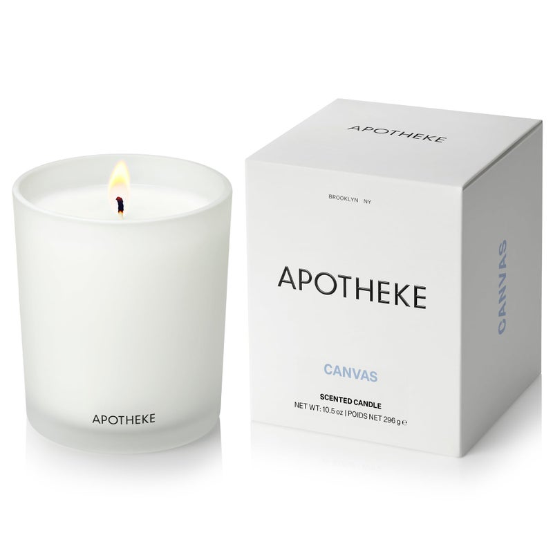 Apotheke Signature Scented Candles for Home, Canvas - 10.5 oz - Soy Wax, Non Toxic, Large Jar White - Luxury Candle Gifts for Women & Men - White Musk, Dew Drops, and Lily of The Valley - Image 1